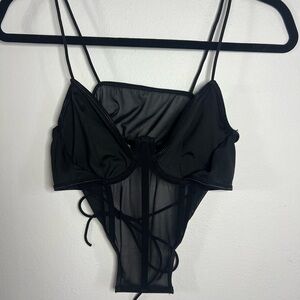 SHEIN Black Sheer Lace-Up Bodysuit